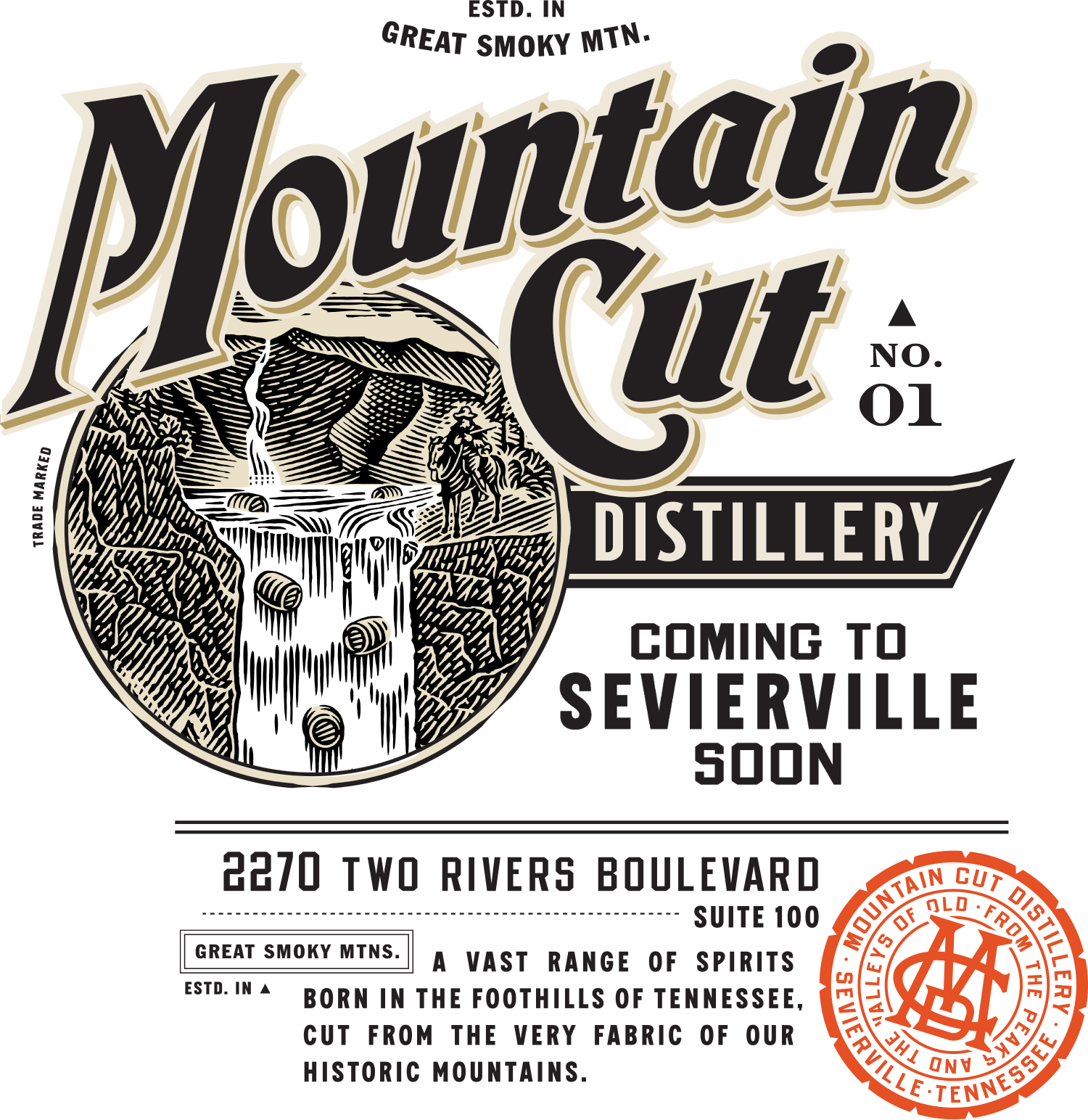 Mountain Cut Distillery, coming to Sevierville Early 2023, 2270 Two Rivers Boulevard, Suite 100, A vast range of spirits born in the foothills of Tennessee, cut from the very fabric of our historic mountains.